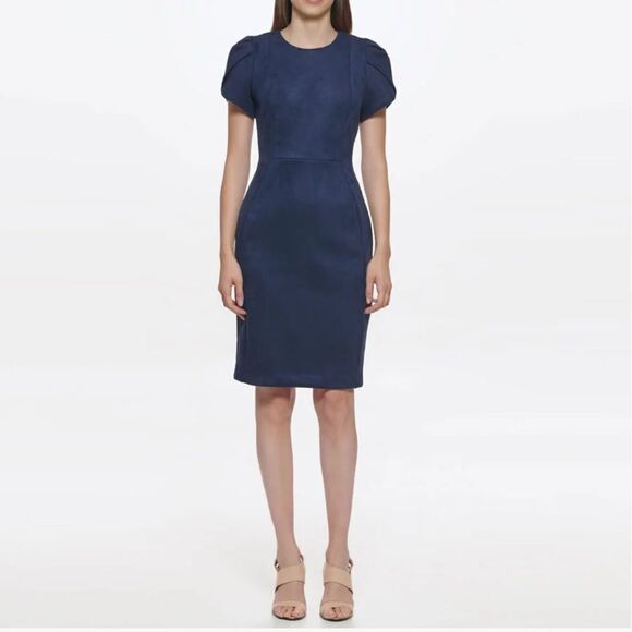 Calvin Klein Navy Short Sleeve Faux Suede Sheath Dress, Size 12, NWT - Picture 4 of 13